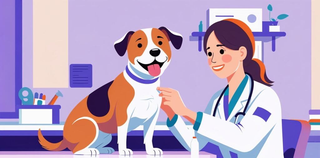 Dog visiting UK veterinarian after traveling to UK - pet health registration