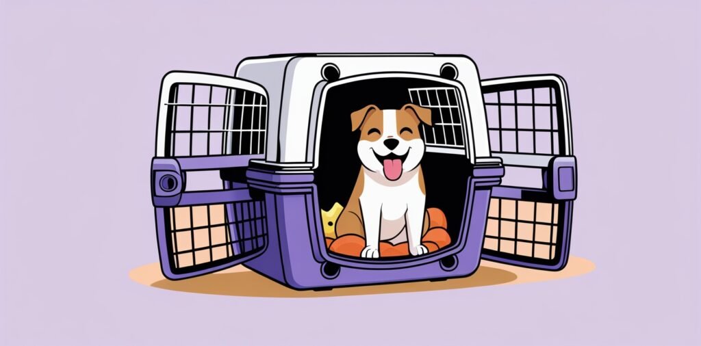 Dog in travel crate for airline transport when traveling to Antigua with dogs