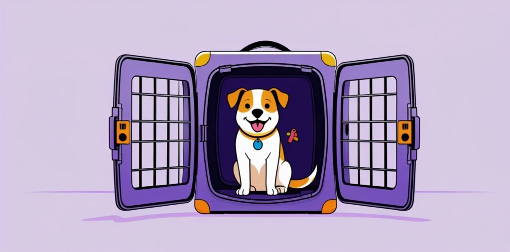 Dog in travel crate for flying to UK - IATA-compliant pet carrier