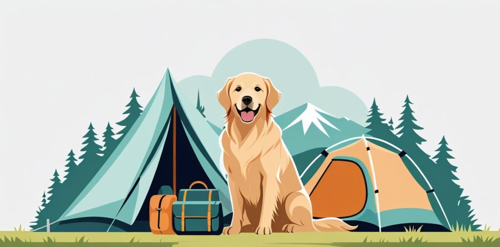 Happy dog relaxing next to a tent and camping gear during a travel trailer trip