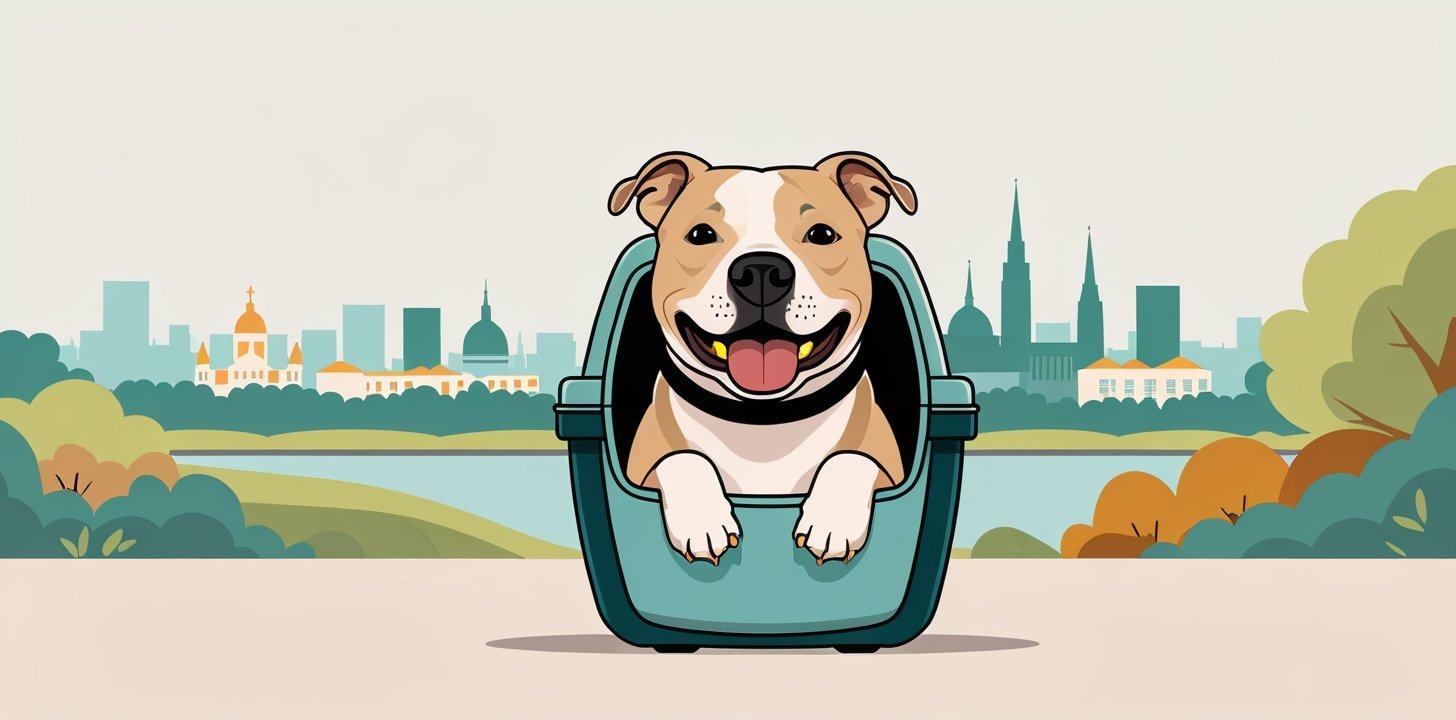 Pit bull emerging from carrier in scenic spot for top friendly countries