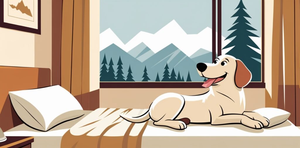 Relaxed dog enjoying a stay at a pet-friendly hotel in Bar Harbor Maine with scenic mountain views.