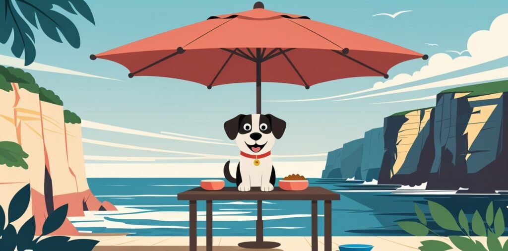 Happy dog relaxing at a dog-friendly waterfront patio in Bar Harbor Maine, enjoying the coastal views.