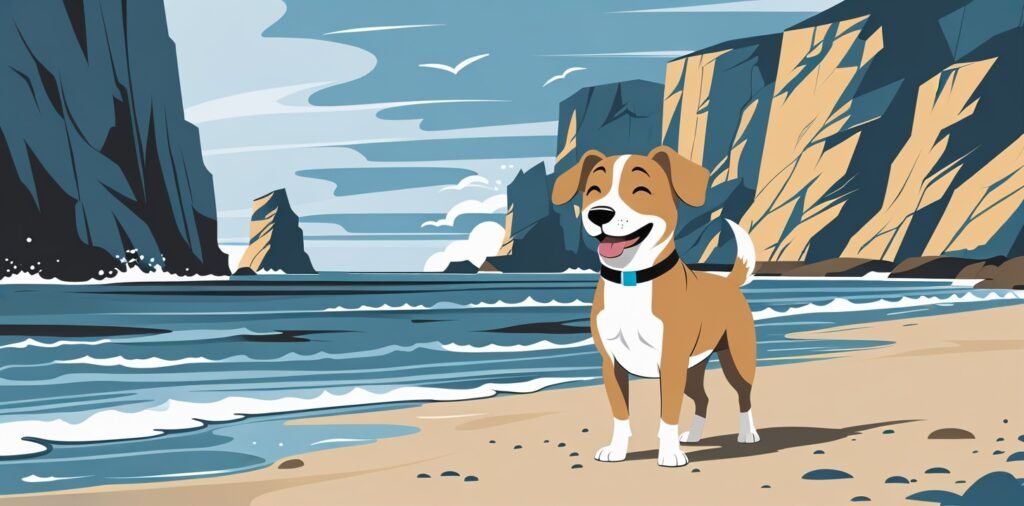 Playful dog wading in the water at a dog-friendly beach in Bar Harbor Maine.