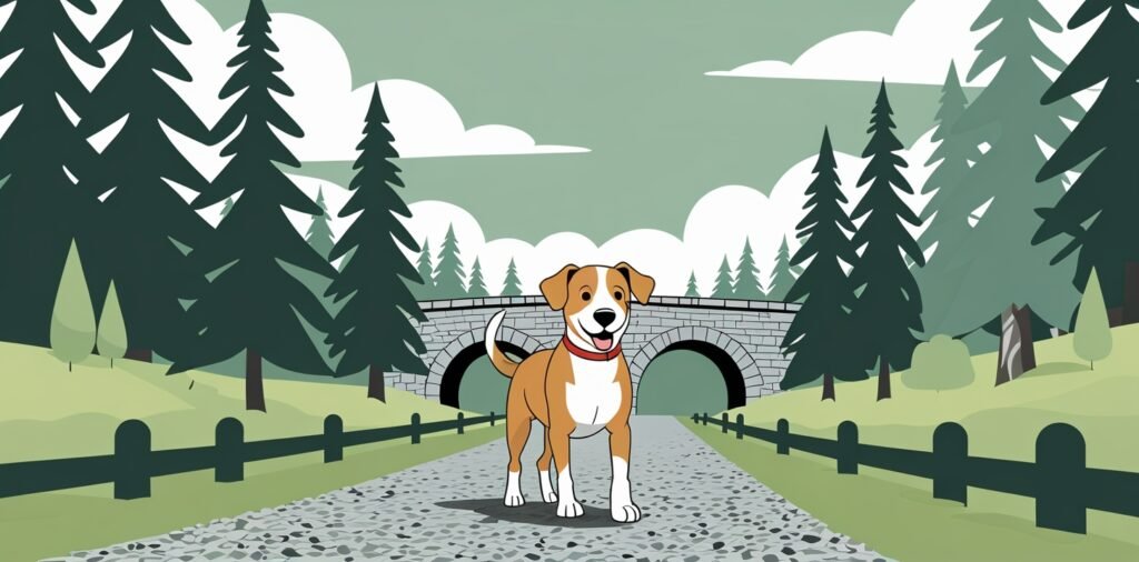 Happy dog exploring dog-friendly carriage roads in Acadia National Park near Bar Harbor Maine.