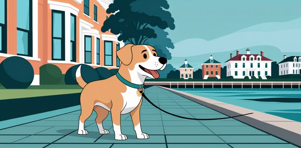 Happy dog strolling the leash-required paths in dog-friendly Bar Harbor Maine.