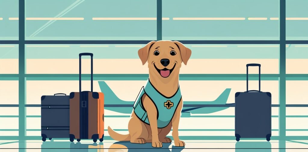 Certified assistance dog ready for Ryanair travel, showing the only pet exception to airline's strict no-pets policy