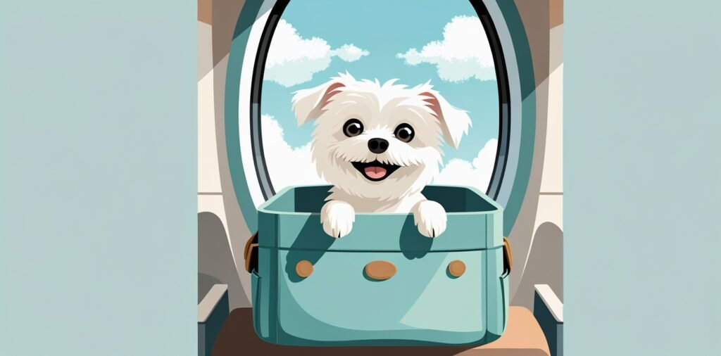 Small dog in soft-sided carrier under airplane seat for Emirates pet policy