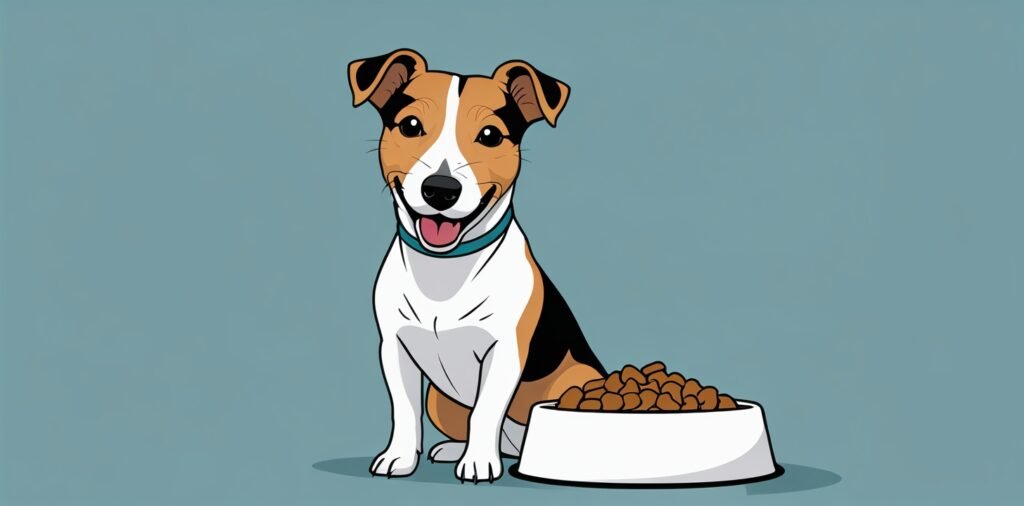 Jack Russell Terrier sitting next to food bowl for best food for Jack Russell Terriers article