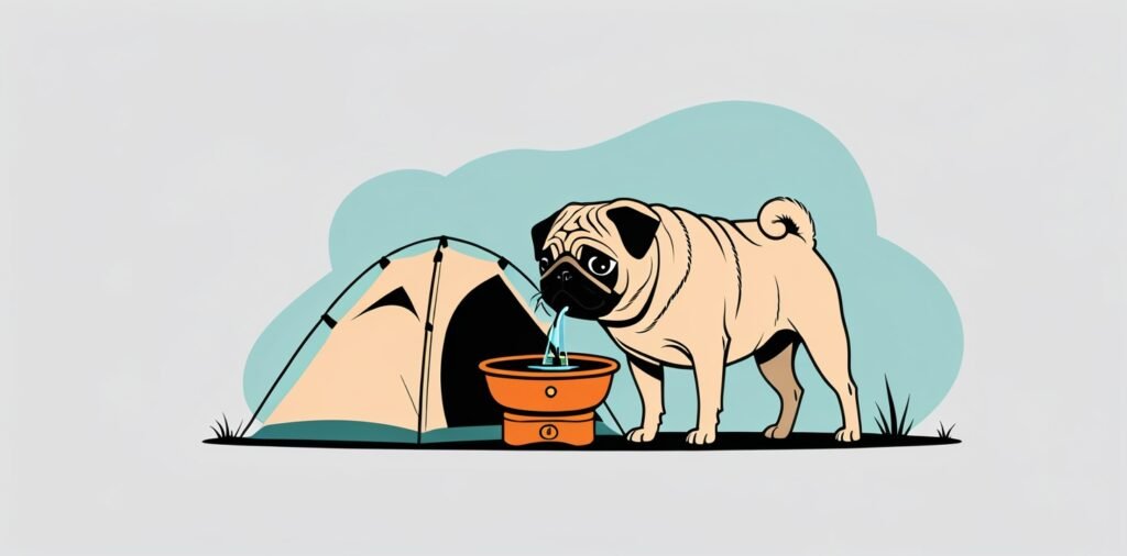 Pug drinking water for hydration safety measures in hot camping weather