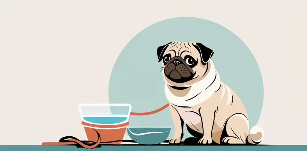 Pug relaxing with water and leash, showing safe alternatives for high-risk breeds