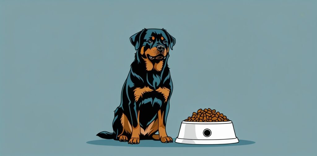 Rottweiler sitting next to food bowl showing best food for Rottweilers
