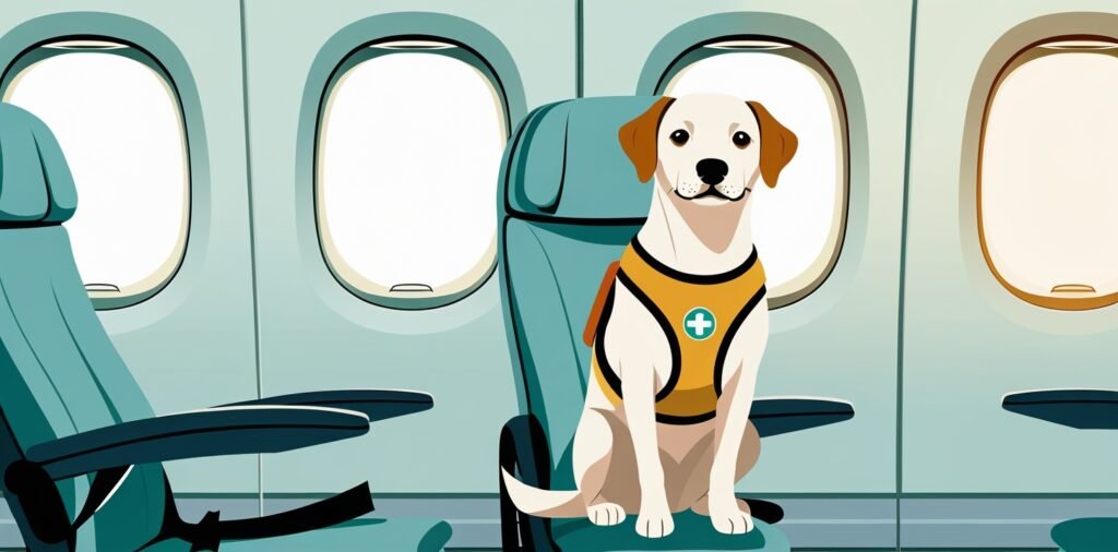 Assistance dog secured with harness in airplane cabin, showing proper Ryanair in-flight restraint requirements