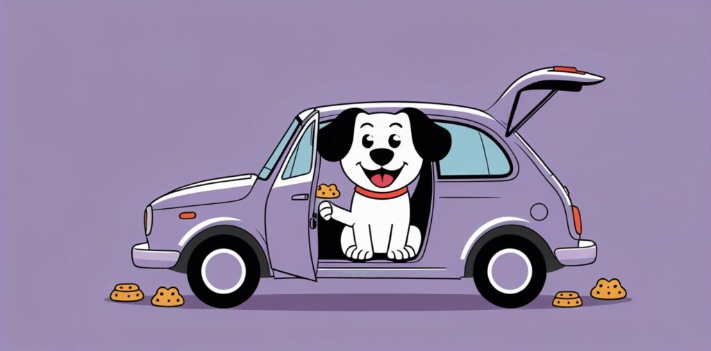 Happy dog undergoing progressive training for dog motion sickness in a parked car