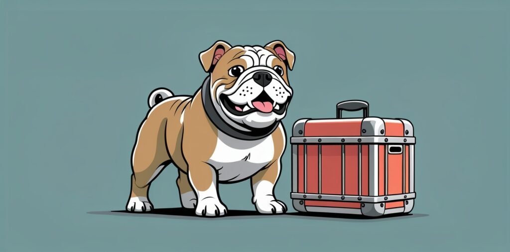 English Bulldog excited for travel in a suitable crate