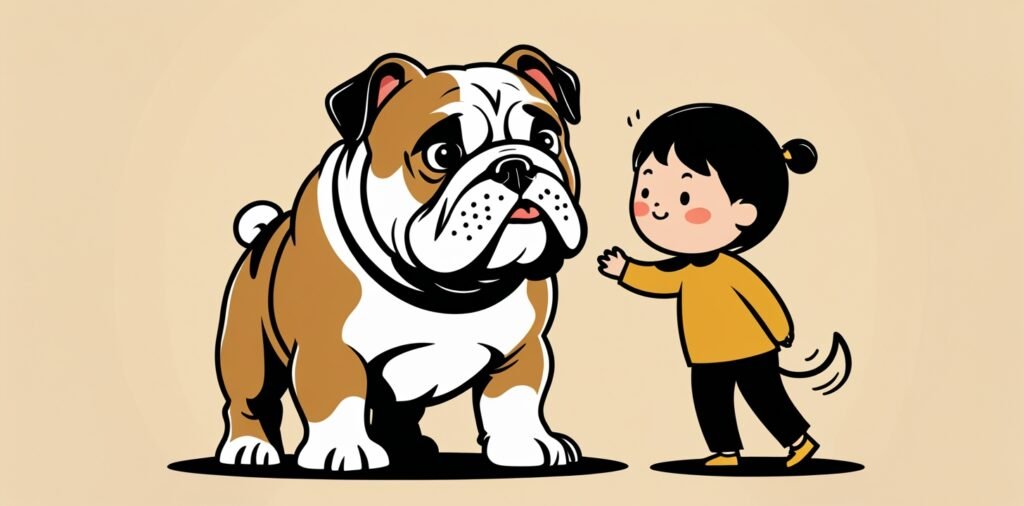 English Bulldog showing gentle temperament while interacting with a child