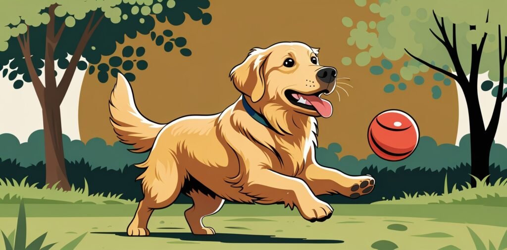 Golden Retriever happily fetching a ball, showcasing the breed's playful and friendly temperament