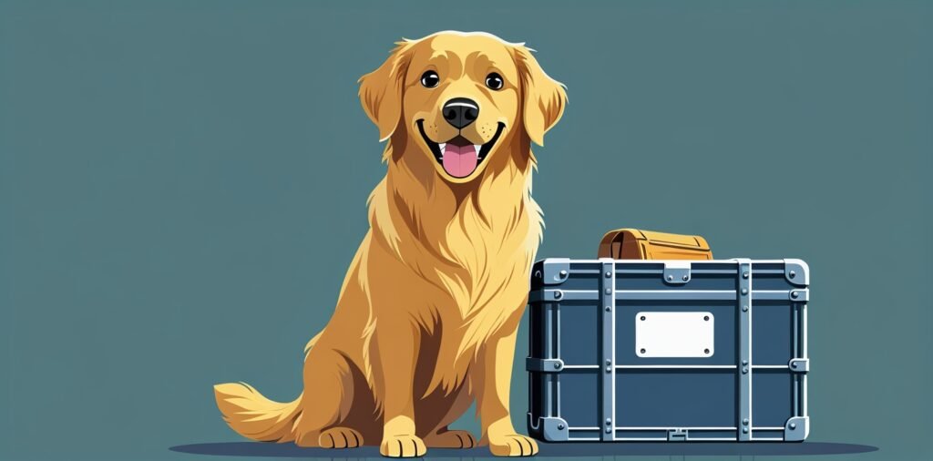 Golden Retriever prepared for travel with a suitable crate, showing the breed's adaptability for trips