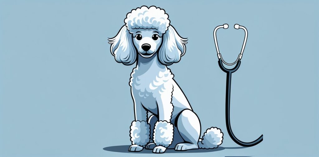 Healthy Poodle sitting calmly during a veterinary check, highlighting Poodle health and wellness