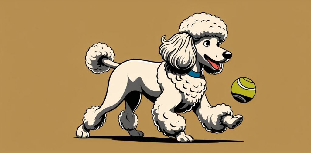 Poodle breed fetching a tennis ball, showcasing the intelligent and playful temperament of Poodles