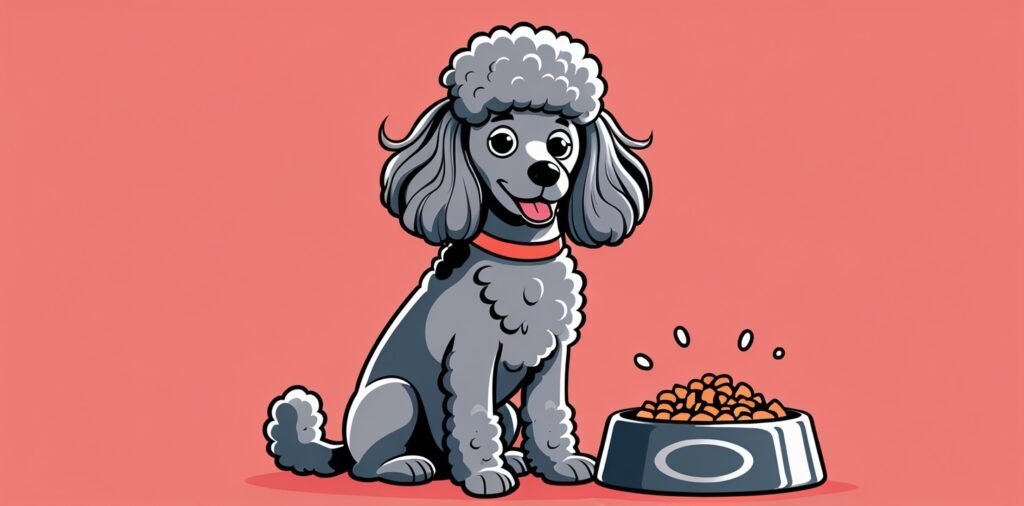 Poodle sitting next to a food bowl, illustrating proper nutrition and feeding for Poodle breeds