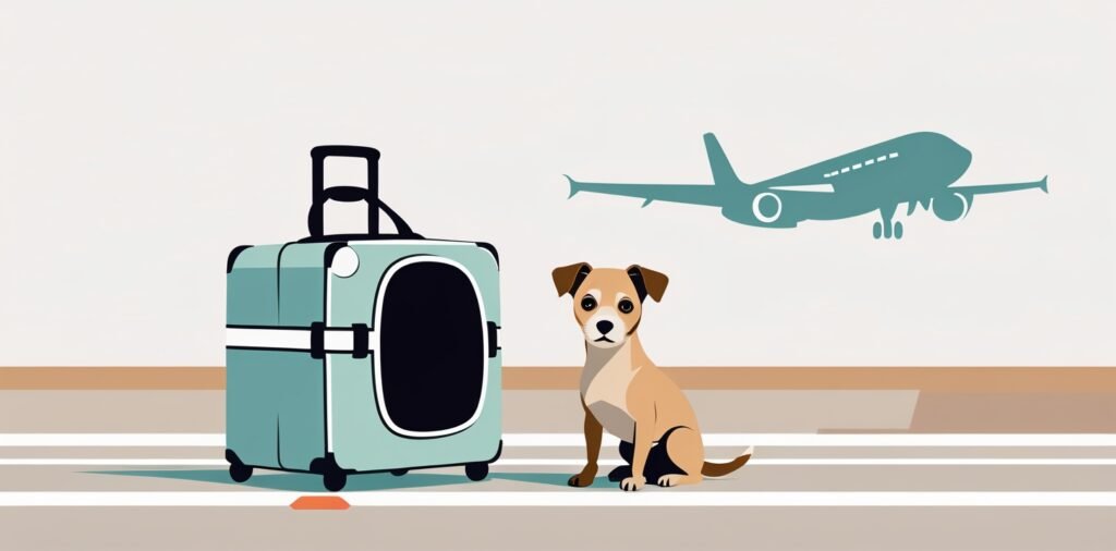 Dog ready for travel with carrier and luggage at airport for Ryanair pet policy
