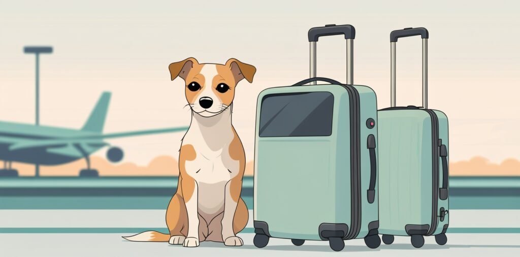 Dog ready for airport travel with carrier and luggage for Lufthansa