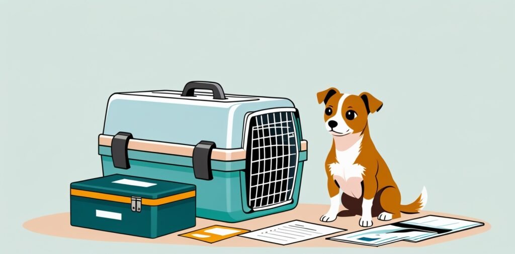 Small dog sitting next to pet carrier and travel documents for domestic flights