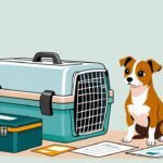 Small dog sitting next to pet carrier and travel documents for domestic flights