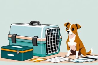 Small dog sitting next to pet carrier and travel documents for domestic flights