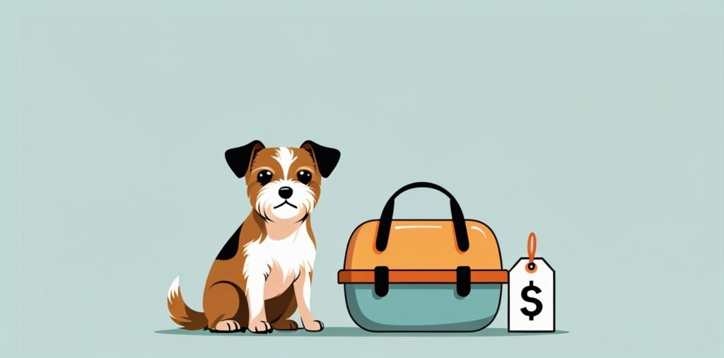 Dog with carrier and fee concept for Frontier pet policy