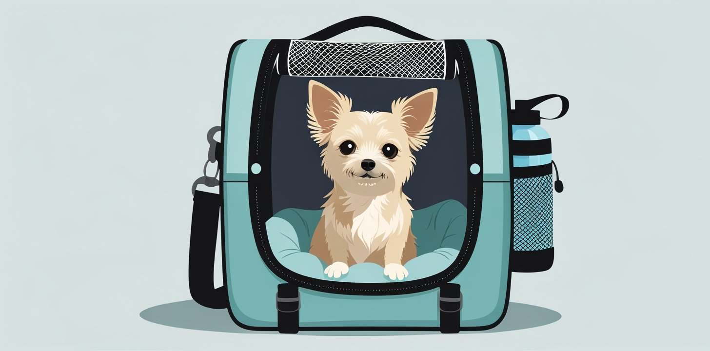 Small dog in ventilated pet carrier for Etihad Airways cabin travel