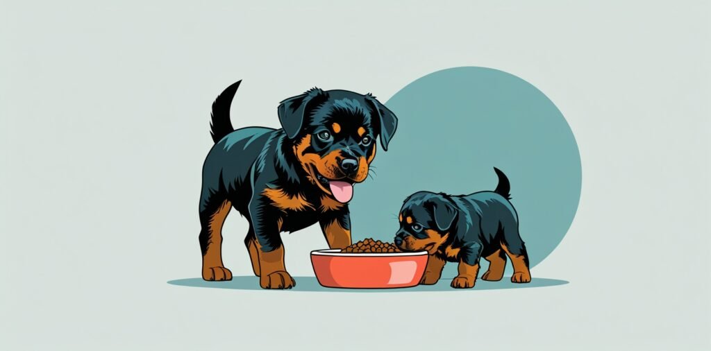 Rottweiler puppy eating controlled growth formula food
