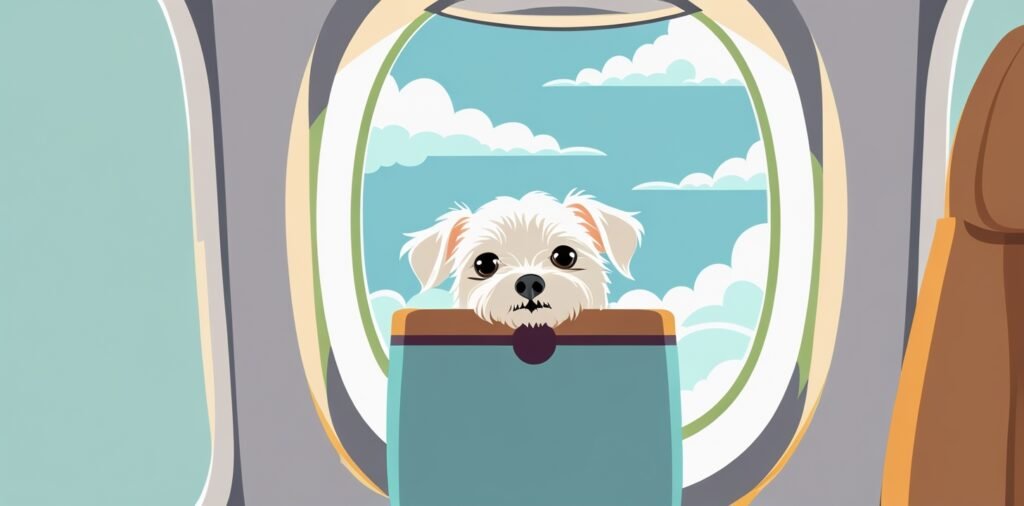 Small dog in carrier under airplane seat for Frontier pet policy