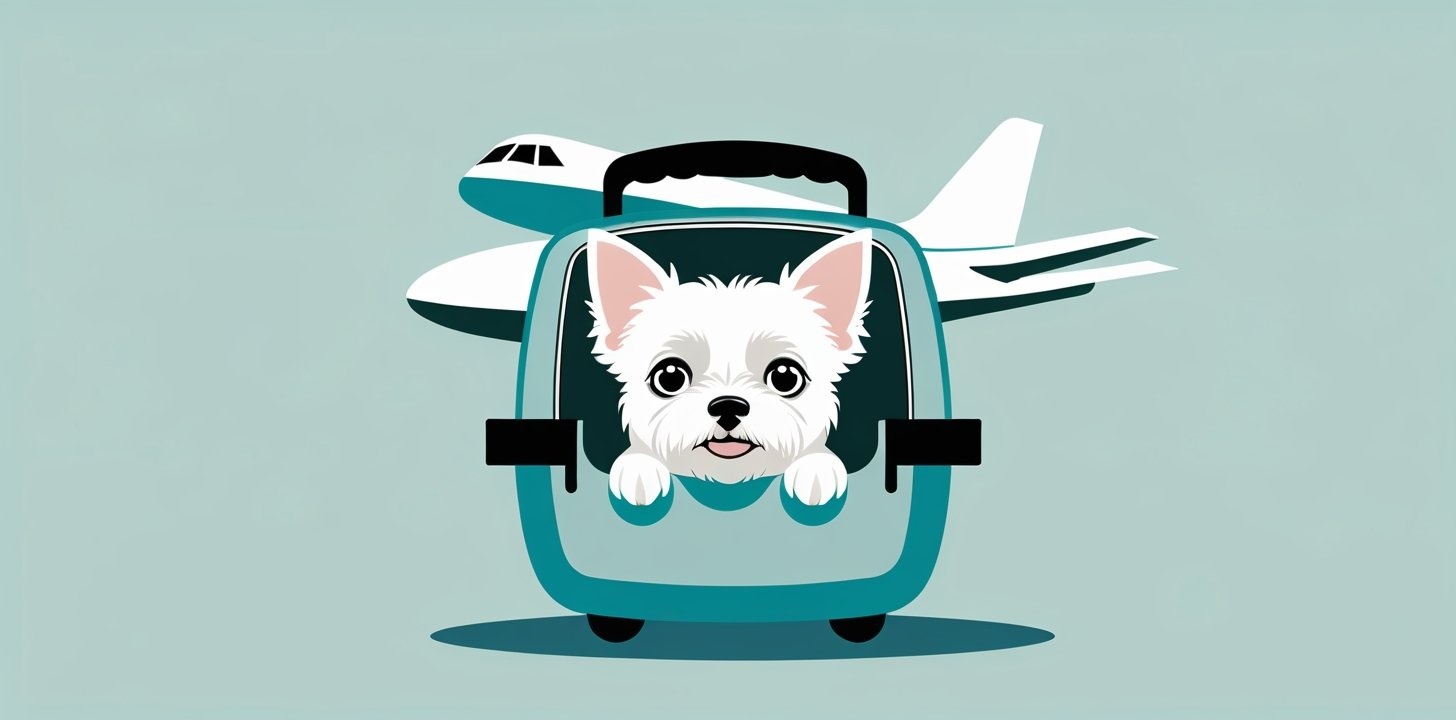 dog in carrier with plane for Germany travel logistics