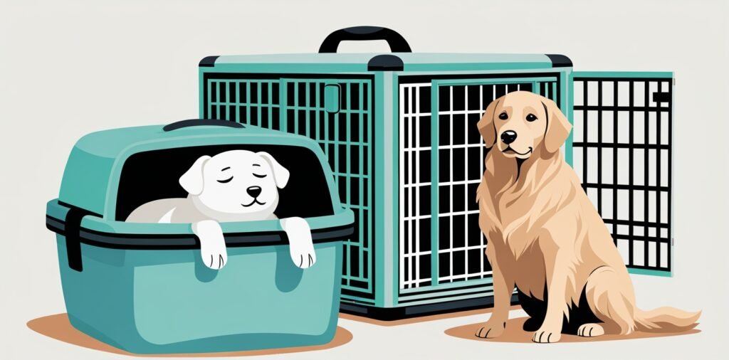 Small dog in cabin carrier and large dog in cargo crate for Alaska Airlines pet travel restrictions