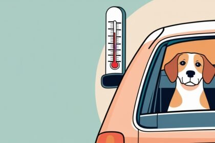 Dog inside a parked car with a thermometer showing rising temperature, depicting how quickly vehicles heat up