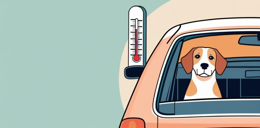 Dog inside a parked car with a thermometer showing rising temperature, depicting how quickly vehicles heat up