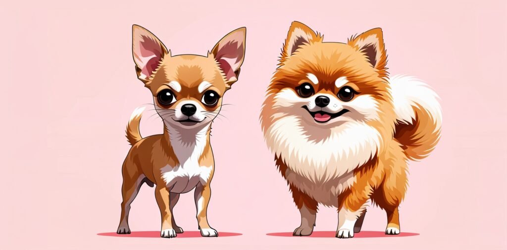 Chihuahua vs Pomeranian face-off illustration showing size and fluff differences