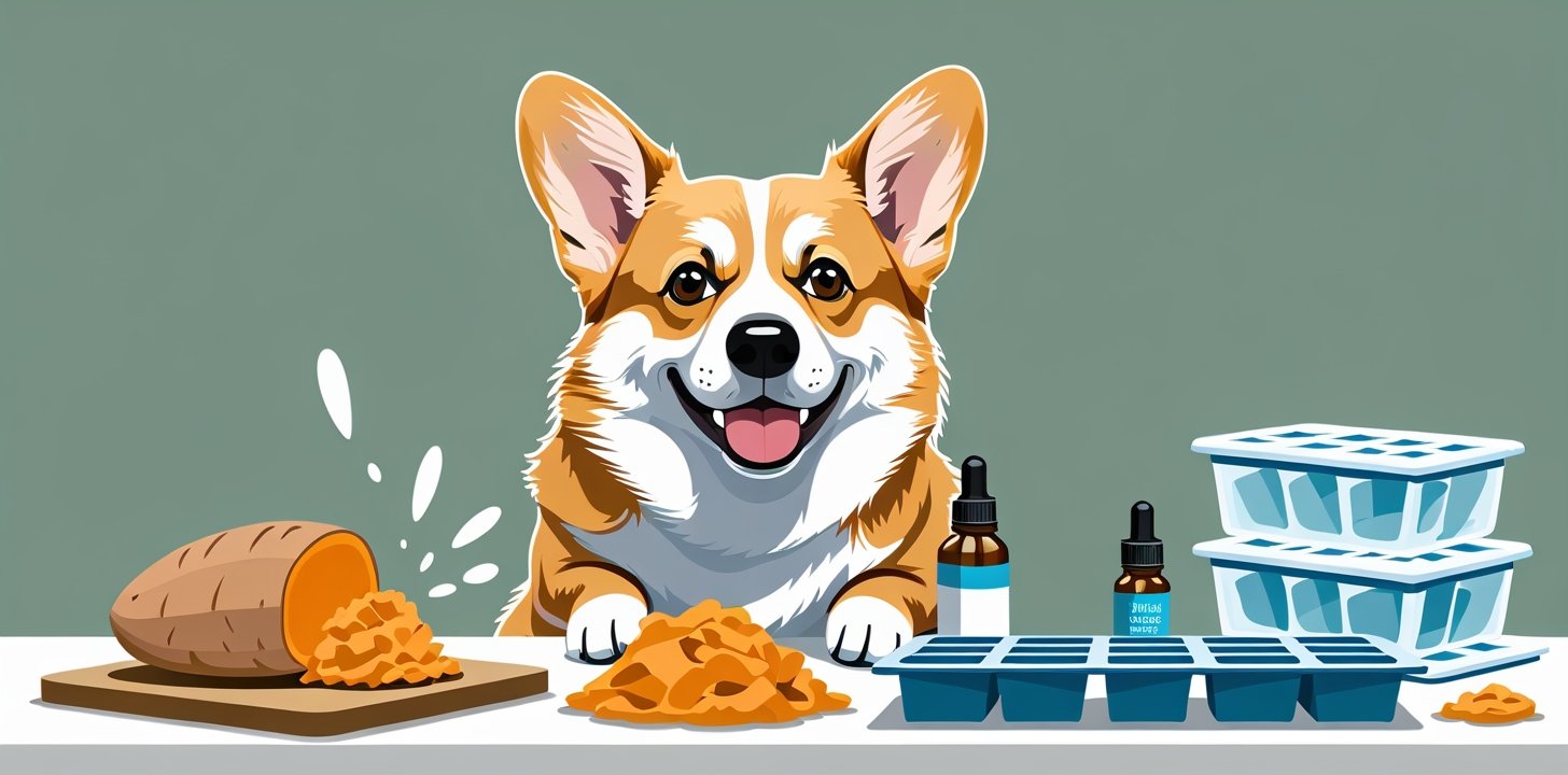 Corgi with homemade sweet potato treat preparation