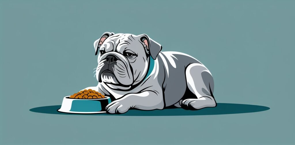 Senior bulldog resting near food bowl for joint health