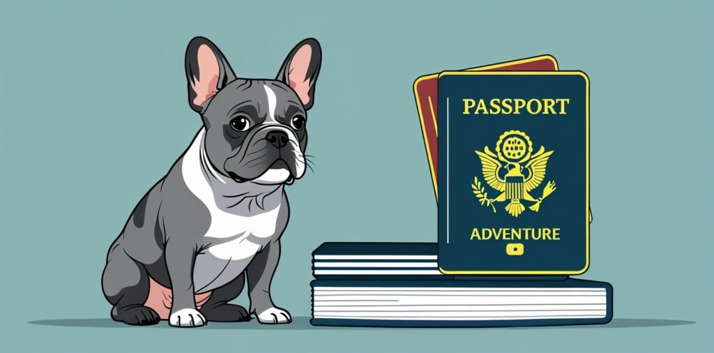 French Bulldog with travel documents and passport for air travel