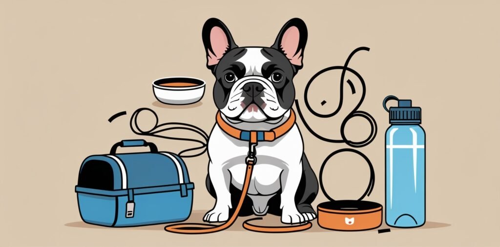 French Bulldog with essential items for air travel packing list