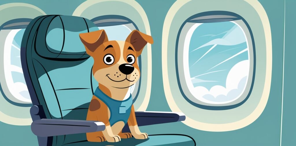 Calm dog sitting in airplane seat during flight, looking peaceful and relaxed