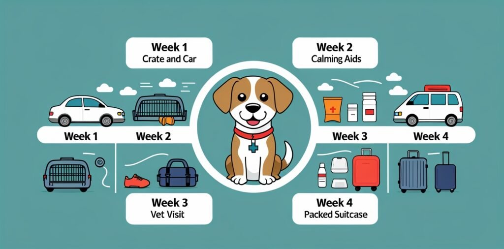 Dog with 4-week preparation timeline for calm flight, organized and ready