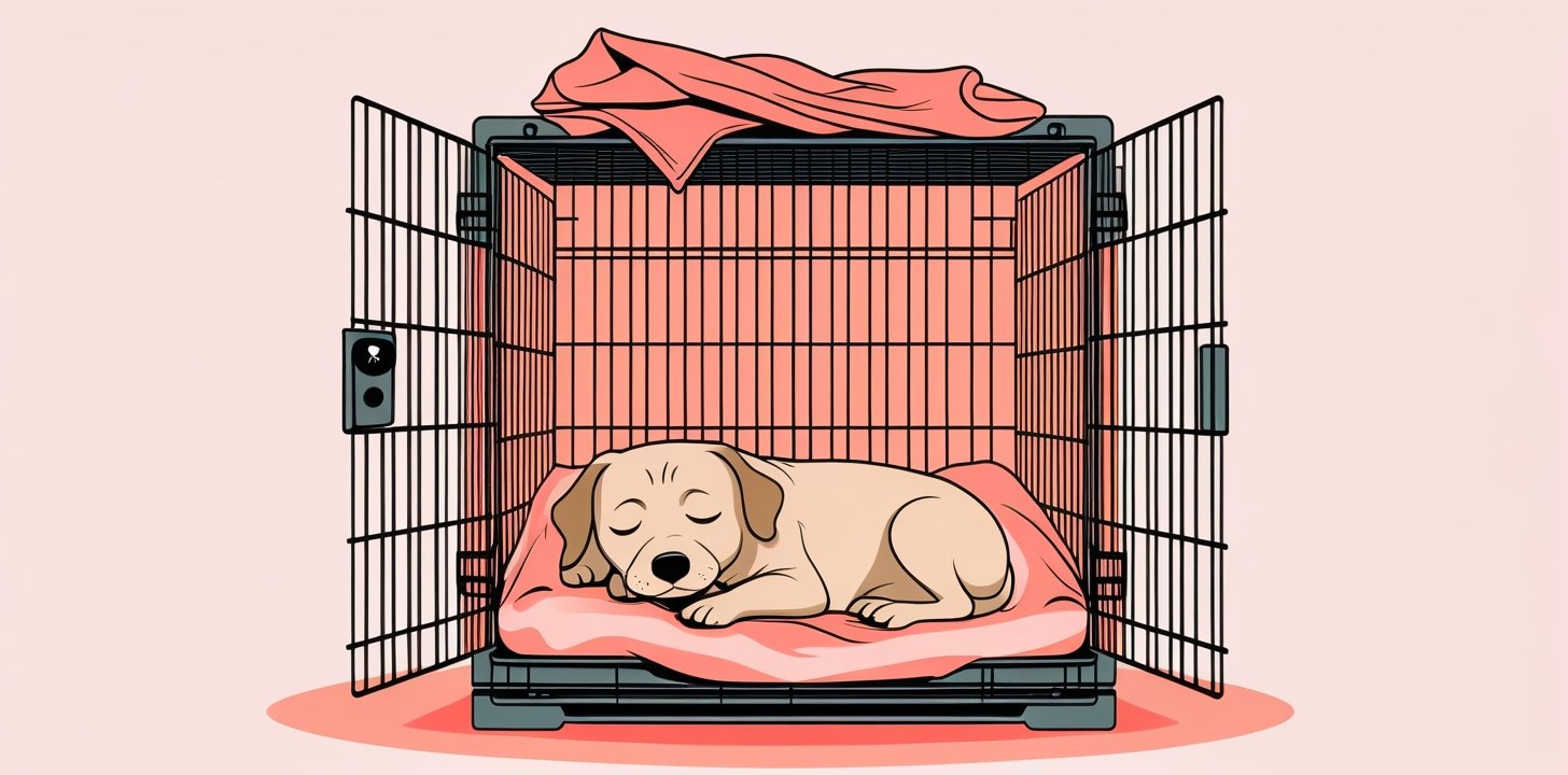 Calm dog resting in open crate with blanket for crate training anxiety relief