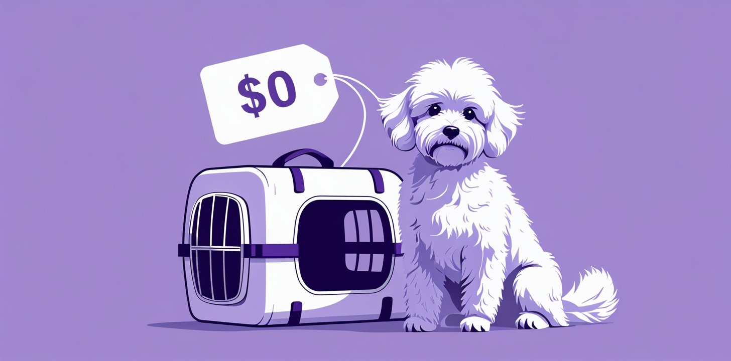 Dog next to carrier and price tag showing pet travel fees