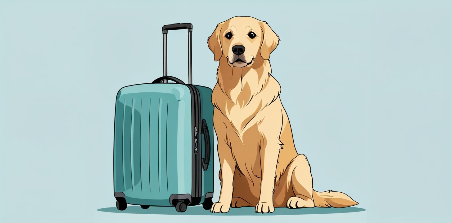 Golden retriever sitting next to packed suitcase and travel carrier for anxious dog travel preparation