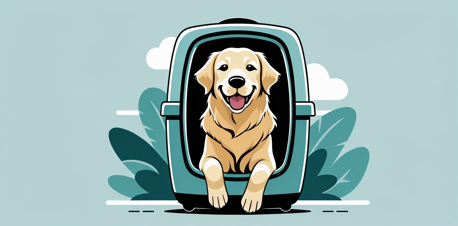 Happy dog emerging from carrier after flight arrival