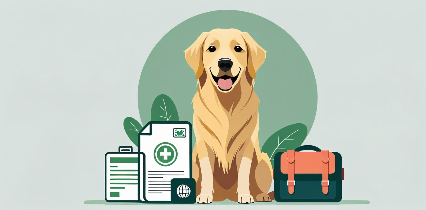 Golden retriever with health certificate and travel documents for flying
